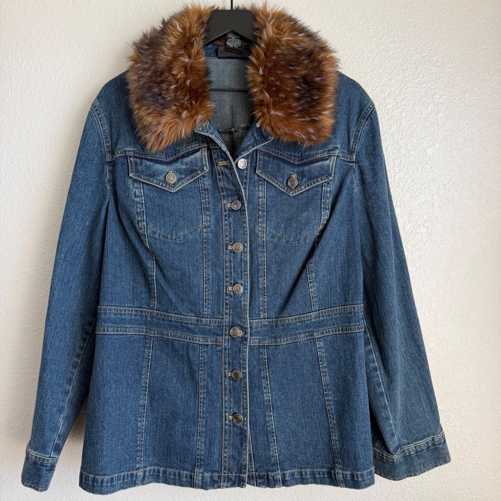 Vintage Denim Jean Jacket Faux Fur Collar Mid Length Penny Lane Y2K Boho Western